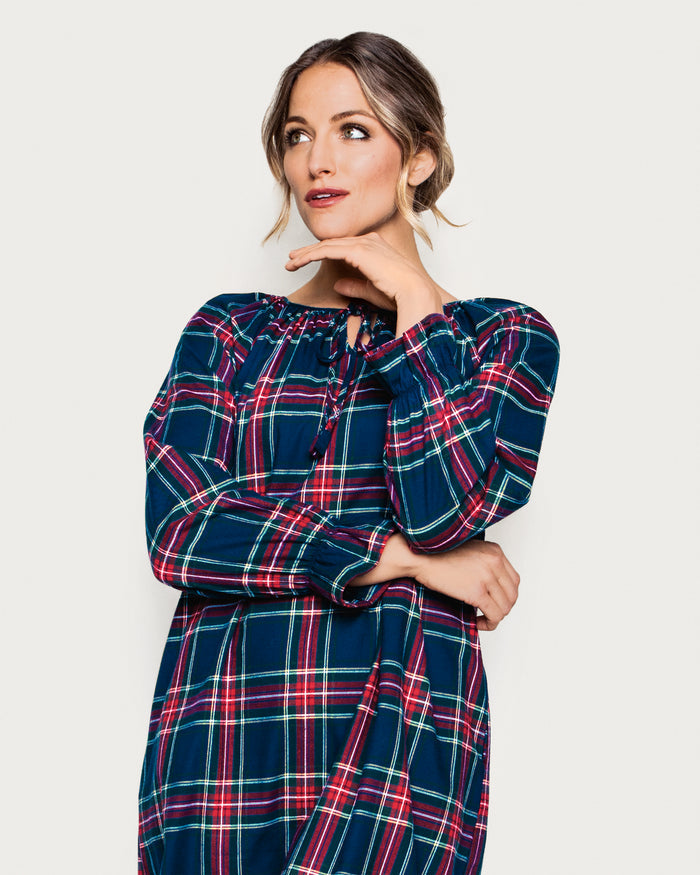 The Women's Brushed Twill Delphine Nightgown in Windsor Tartan is an ankle-length, long-sleeved nightgown with ruffled collar and cuffs, featuring a classic navy, red, and green plaid pattern.