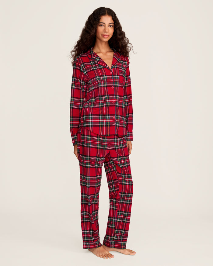 Women's Brushed Twill Pajama Set in Imperial Tartan features a red plaid button-up top with chest pocket and matching pants with a drawstring waist, detailed in green, white, and navy stripes for a classic look.