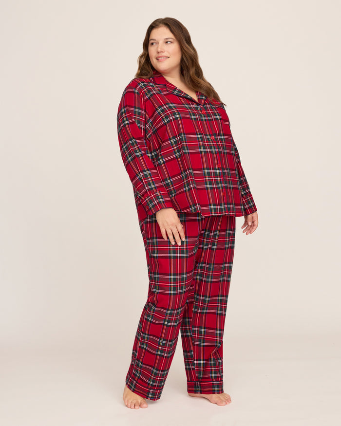 Women's Brushed Twill Pajama Set in Imperial Tartan features a red plaid button-up top with chest pocket and matching pants with a drawstring waist, detailed in green, white, and navy stripes for a classic look.