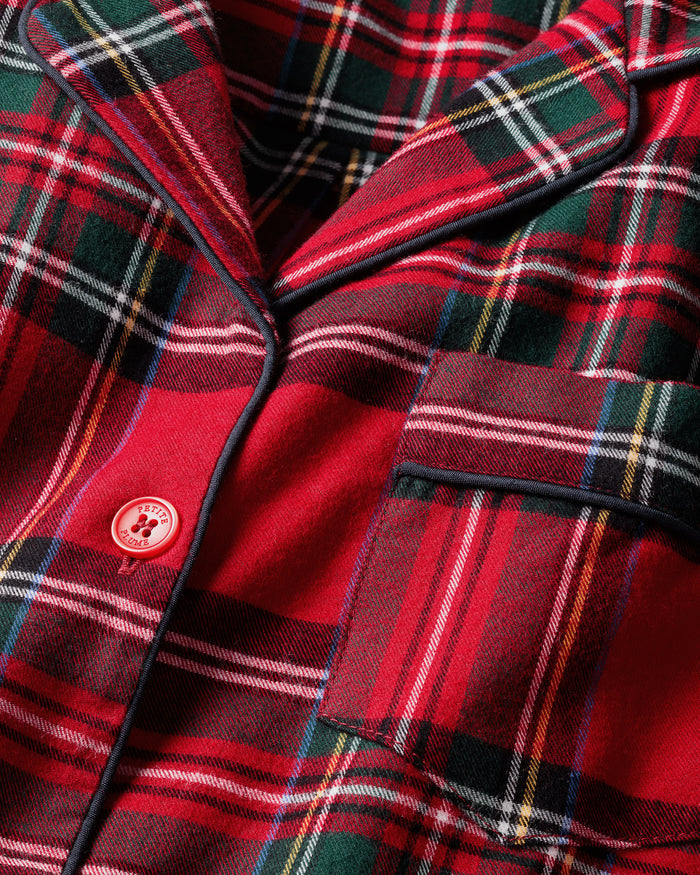 Women's Brushed Twill Pajama Set in Imperial Tartan features a red plaid button-up top with chest pocket and matching pants with a drawstring waist, detailed in green, white, and navy stripes for a classic look.