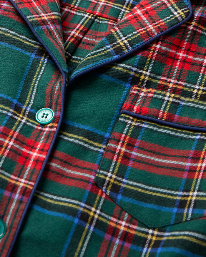 The Women's Brushed Twill Pajama Set in Kensington Tartan features a cozy green, red, and white plaid with a long-sleeve button-up top with chest pocket and matching elastic-waist pants.