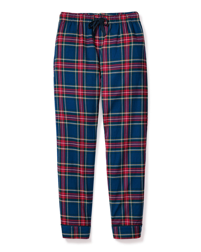 Women's Brushed Twill Pants in Windsor Tartan, featuring a blue, red, green, and yellow plaid pattern with an elastic waistband and black drawstring, are shown laid flat on a white background.