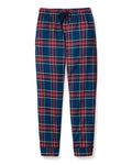 Women's Brushed Twill Pants in Windsor Tartan, featuring a blue, red, green, and yellow plaid pattern with an elastic waistband and black drawstring, are shown laid flat on a white background.