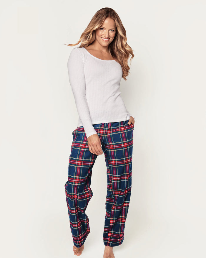 Women's Brushed Twill Pants in Windsor Tartan, featuring a blue, red, green, and yellow plaid pattern with an elastic waistband and black drawstring, are shown laid flat on a white background.