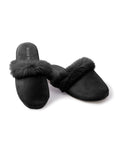 Petite Plumes Womens Faux Fur Trim Slipper in Black is a luxurious pair of slippers with plush fur trim, resting on a white background, and offering a soft, cushioned appearance perfect for any sleepwear set.