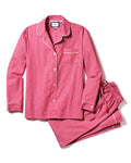 The Womens Flannel Pajama Set in Red Mini Gingham by Petite Plume features a long-sleeve button-up top with a chest pocket and elegant white piping, perfectly paired with matching pants for timeless luxury.