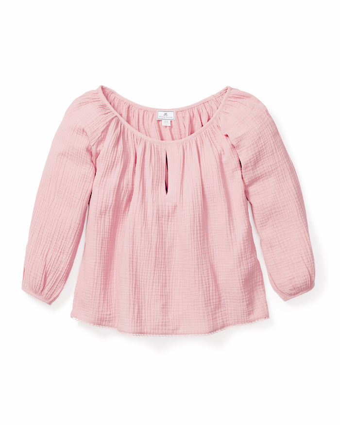 Discover the Womens Gauze Willow Scoopneck Top in Pink by Petite Plume—an elegant, long-sleeve blouse from our luxury Gauze Collection. Made from textured cotton gauze, it features a gathered neckline and a delicate keyhole opening for an airy, comfortable fit.