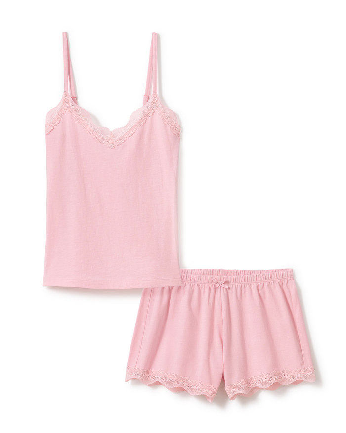 Women’s Lightweight Pima Cami Short Set in Pink, featuring delicate lace trim on both the camisole and matching shorts, displayed flat against a white background.