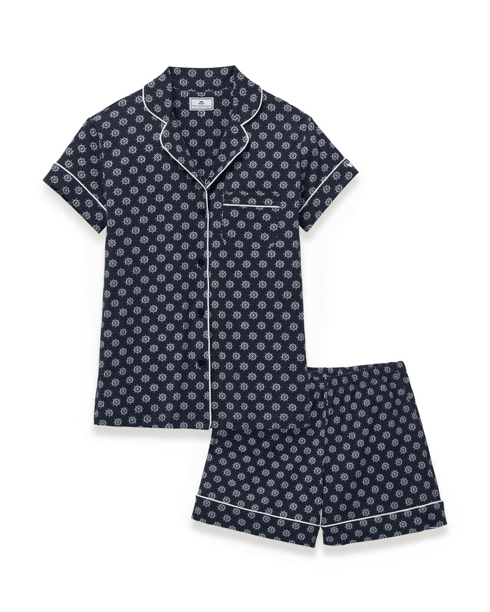 Women’s Lightweight Pima Short Sleeve Short Set in Captain’s Compass, featuring a navy blue geometric print with white piping along the collar, front, sleeves, pocket, and shorts.