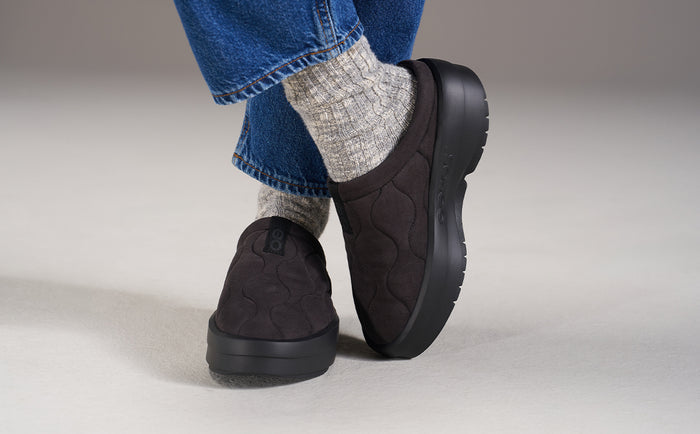 A person wearing black quilted slip-on clogs with chunky black platform soles, styled with gray knit socks and blue jeans, shown from the knees down against a neutral gray studio background | lifestyle