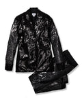 The Womens Pajama Set in Black Sequins by Petite Plume features a shimmering jacket with a notched lapel and coordinated pants. The tailored fit and pajama silhouette balance glamour and comfort for sophisticated style.