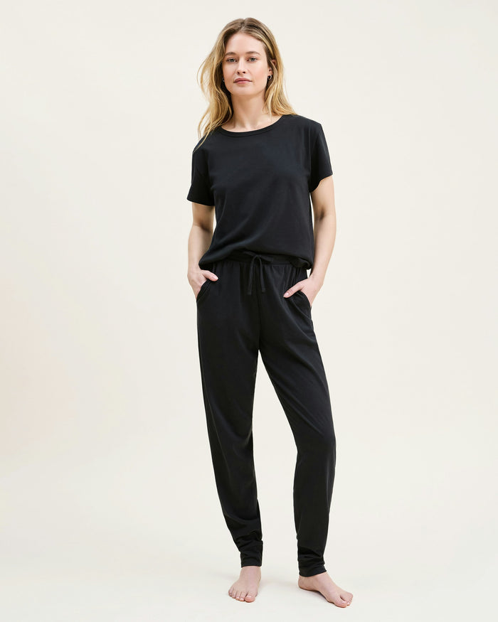 A black crew neck t-shirt made from pima cotton, displayed against a white background.
