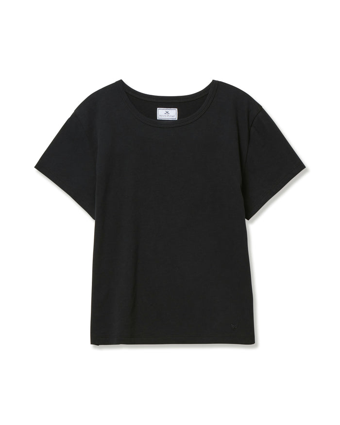 A black crew neck t-shirt made from pima cotton, displayed against a white background.