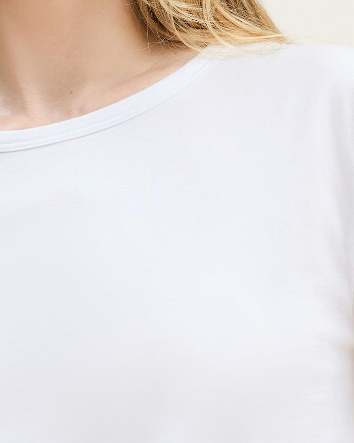 A white crew neck t-shirt made of pima cotton, displayed against a plain background.
