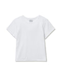 A white crew neck t-shirt made of pima cotton, displayed against a plain background.