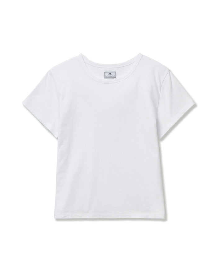 A white crew neck t-shirt made of pima cotton, displayed against a plain background.