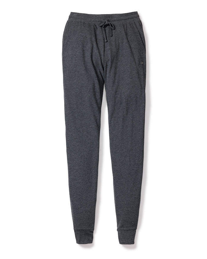 The Womens Pima Lounge Pants in Dark Heather Grey by Petite Plume feature cuffed ankles, an elastic waistband with drawstring, and are made from 100% Peruvian Pima cotton for a soft, luxurious feel ideal for sleepwear.