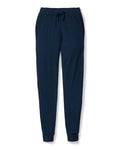 Petite Plumes Womens Pima Lounge Pants in navy, featuring an elastic waistband and drawstring, jersey knit material, side pockets, and cuffed ankles, laid flat on a white background.