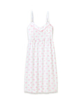 The Women's Pima Maternity Nightgown in Blushing Bows is a white sleeveless spaghetti strap dress with a fitted bust, slightly flared skirt, and an all-over print of small pink bows.