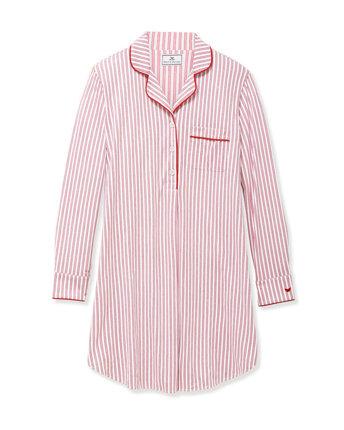 The Women's Pima Maternity Nightshirt in Antique Red Ticking features red and white vertical stripes, a front pocket, white buttons, and red piping on the collar, cuffs, and pocket edge.