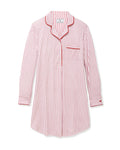 The Women's Pima Maternity Nightshirt in Antique Red Ticking features red and white vertical stripes, a front pocket, white buttons, and red piping on the collar, cuffs, and pocket edge.