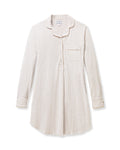 The Women's Pima Maternity Nightshirt in Camel Ticking features beige and white vertical stripes, long sleeves with cuffs, a collar, chest pocket, and partial button placket, and falls to knee length.