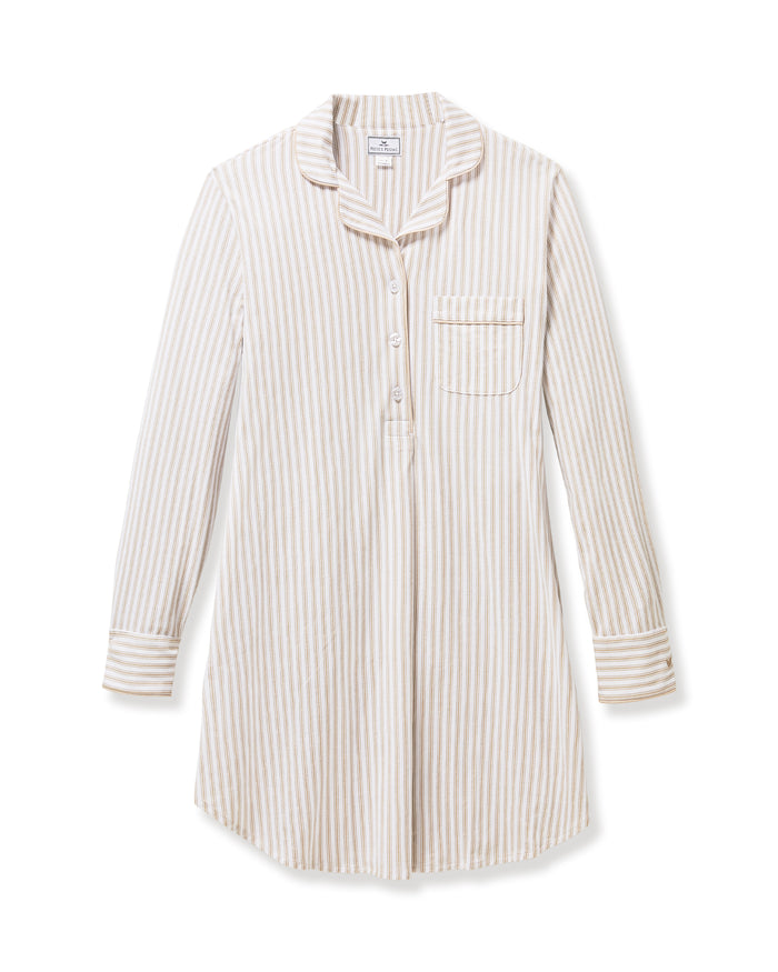 The Women's Pima Maternity Nightshirt in Camel Ticking features beige and white vertical stripes, long sleeves with cuffs, a collar, chest pocket, and partial button placket, and falls to knee length.