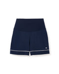 Petite Plumes Womens Pima Maternity Shorts in Navy feature a dark waistband for over-the-belly support, an embroidered leg logo, and subtle white piping at the hem, offering a simple yet sporty design ideal for your pregnancy journey.