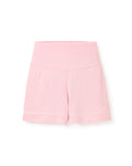Petite Plumes Womens Pima Maternity Shorts in pink offer a wide waistband, white trim hems, and an over-the-belly support band to complement your pregnancy journey.