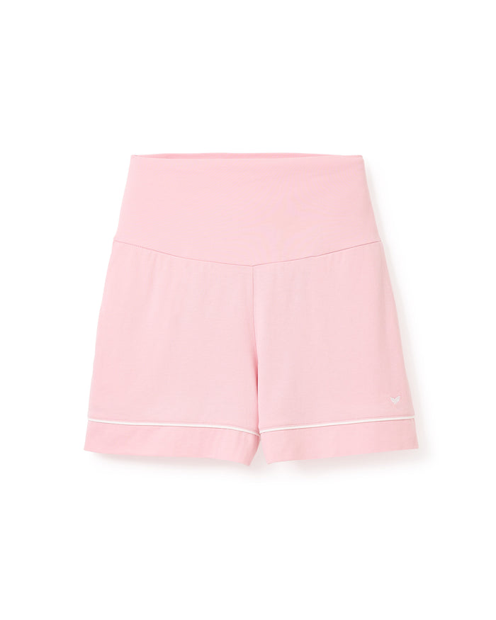 Petite Plumes Womens Pima Maternity Shorts in pink offer a wide waistband, white trim hems, and an over-the-belly support band to complement your pregnancy journey.