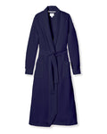 The Womens Pima Ophelia Robe by Petite Plume, in Blue Dusk Jacquard, features textured fabric with a quilted effect, a matching belt, two front pockets, and a shawl collar—all displayed on a plain white background.