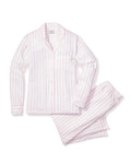 The Womens Pima Pajama Set in Pink Stripe by Petite Plume features a luxurious white Pima cotton design with pink vertical stripes. It includes a long-sleeve button-up shirt with chest pocket and matching pants with an elastic waistband, all showcased on a white background.