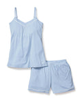 Light blue pajama set with tank top and shorts on a white background