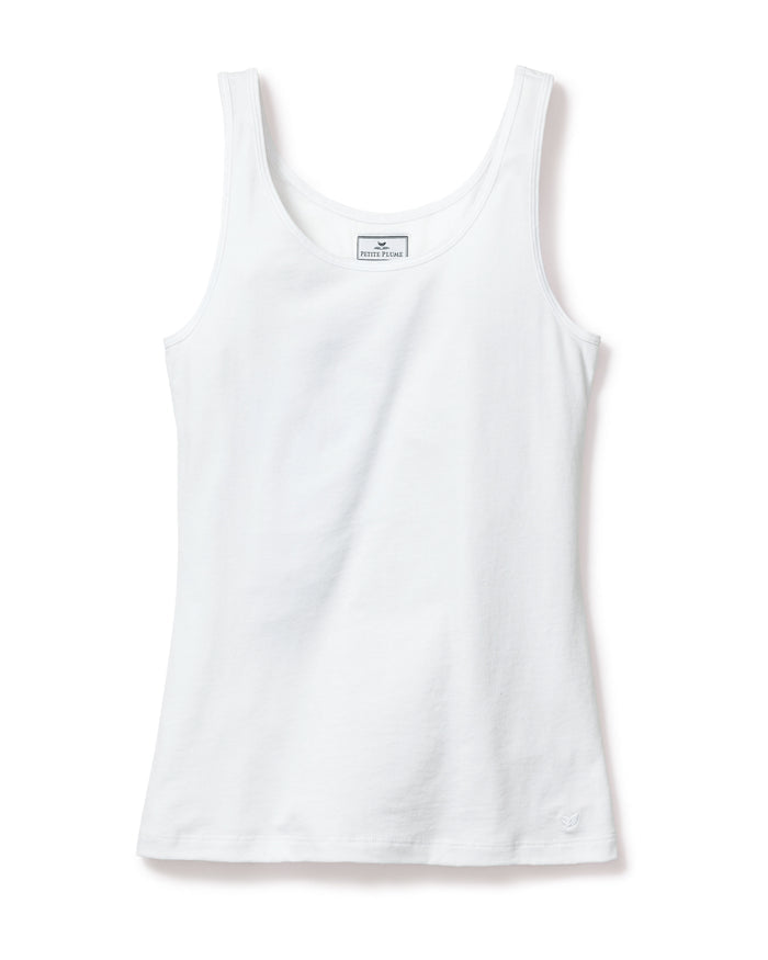 The Womens Pima Tank Top in White by Petite Plume is a sleeveless, scoop-neck style crafted from soft Pima cotton, shown flat against a white background.