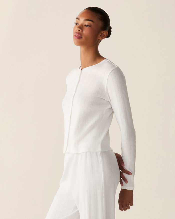 A person wearing the Women’s Pointelle Cardigan in White stands sideways with one hand behind their back, looking slightly upward with a neutral expression against a plain light background.