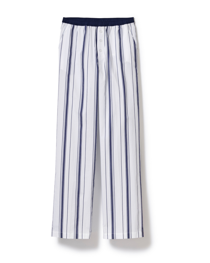 Women’s Poplin Romy Pants in Parlor Stripe, featuring a white base with vertical navy blue stripes, an elastic waistband, side pockets, and a front button fly, displayed on a plain white background.