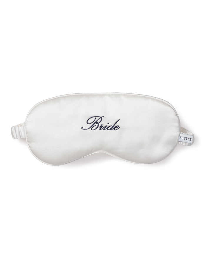 Women's Silk 'Bride' Sleep Mask in Pink in White with Navy#Color_White with Navy Embroidery