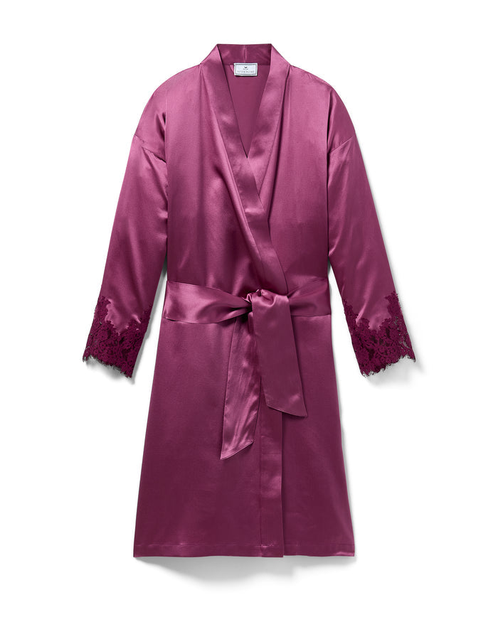 The Women's Silk Lace Robe in Rosewood features a matching belt and lace-trimmed sleeves, shown flat on a white background.