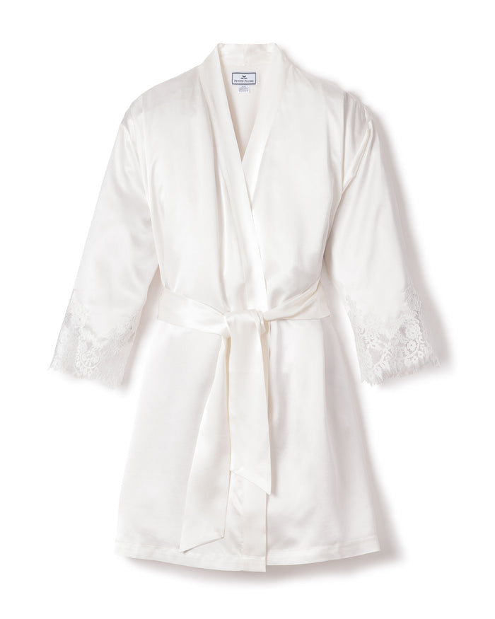 Women's Silk Lace Robe in Black in White#Color_White