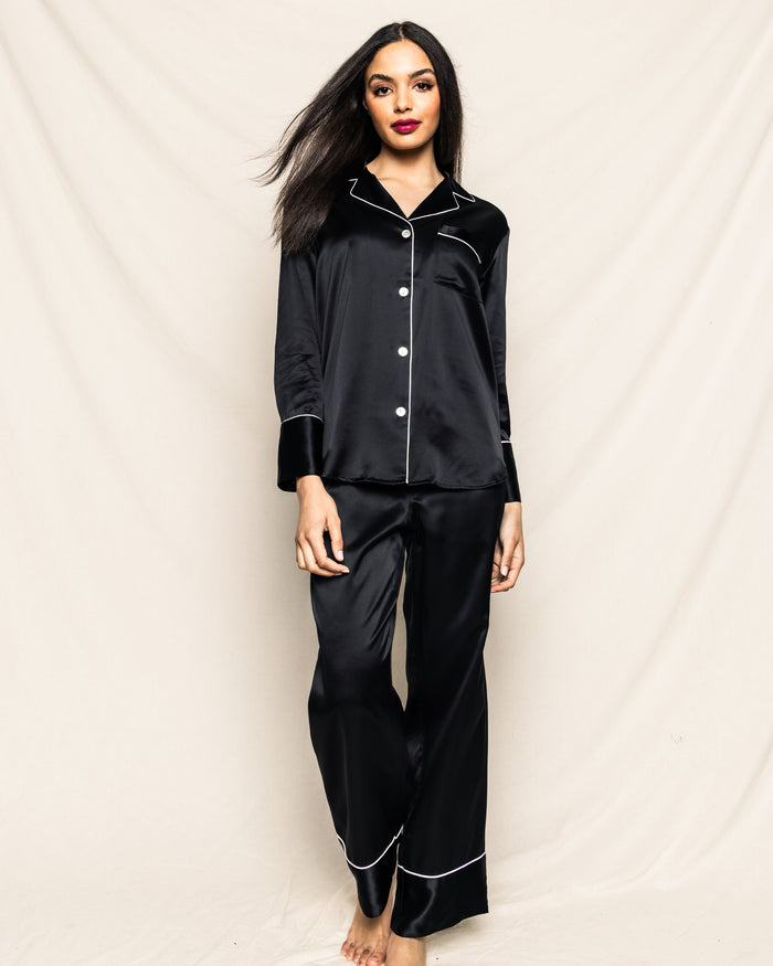 Women's Silk Pajama Set in White with Periwinkle Piping in White w/Periwinkle Piping#Color_White w/Periwinkle Piping