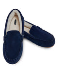 A pair of Petite Plumes Womens Suede Slippers in Navy, featuring ultra-soft faux fur lining, is shown with one slipper slightly in front of the other on a white background.
