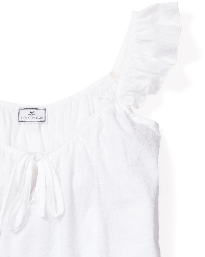 The Womens Swiss Dots Celeste Nightgown in white features a textured cotton Swiss dot pattern, with ruffled straps and a front tie. Label: Petite Plume.