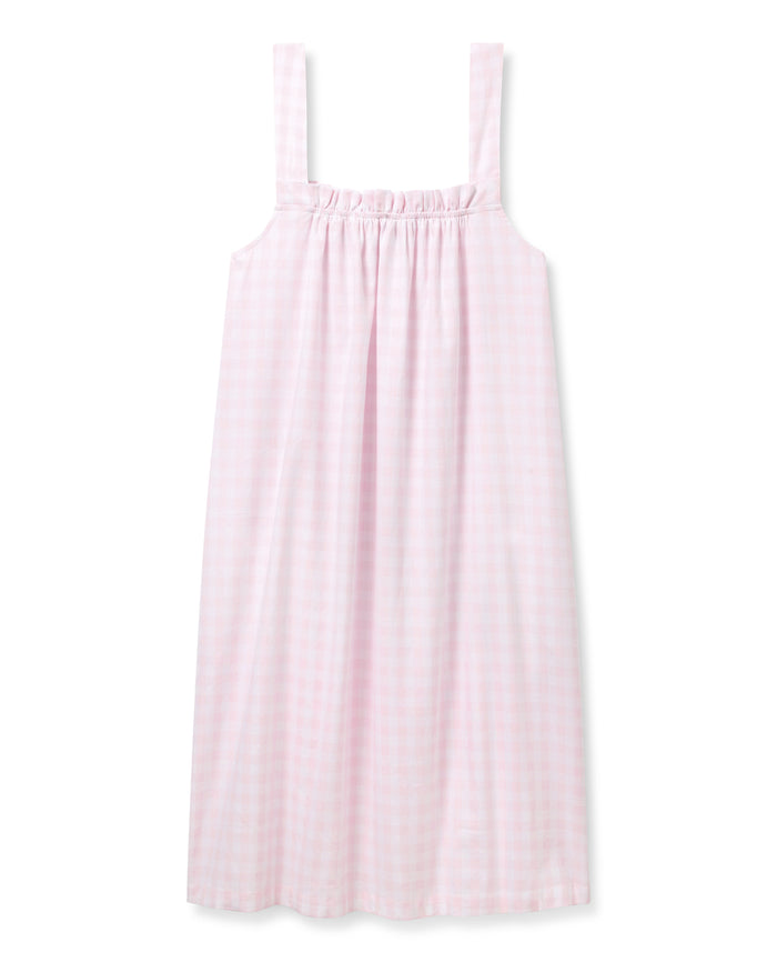 Women's Twill Annabelle Nightgown in Pink Gingham features a light pink and white gingham pattern, sleeveless design with wide shoulder straps, and a loose, gathered silhouette. Displayed flat on a white background.