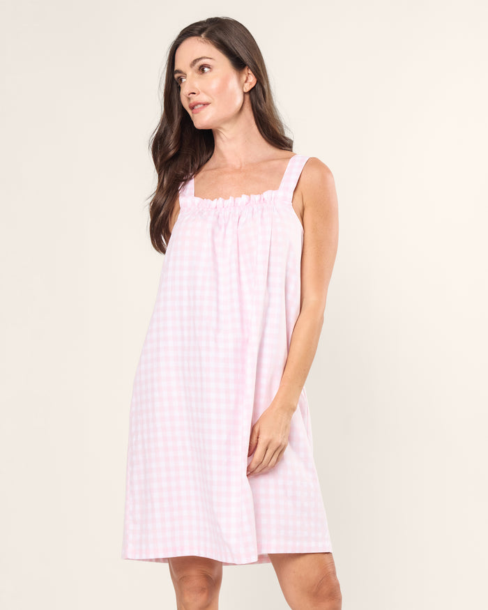 Women's Twill Annabelle Nightgown in Pink Gingham features a light pink and white gingham pattern, sleeveless design with wide shoulder straps, and a loose, gathered silhouette. Displayed flat on a white background.