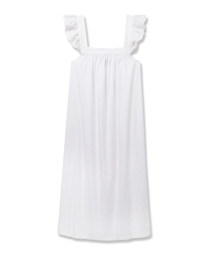 The Petite Plume Womens Twill Clara Nightgown in White features a sleeveless design, square neckline, and ruffled shoulder straps, crafted from premium cotton and shown against a plain white background.