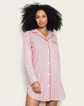 Close-up of the Womens Twill Nightshirt in Antique Red Ticking by Petite Plume, showcasing white fabric with vertical red pinstripes. Made from the finest quality cotton, it features a buttoned shirt with a notched collar and chest pocket, detailed with matching striped edges.