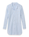 Women’s Twill Nightshirt in Coastal Stripe, featuring a light blue color with dark and white vertical stripes, long sleeves, a chest pocket, and a notched collar. The nightshirt is neatly laid out on a white background.