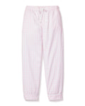 Petite Plumes Womens Pink Gingham Twill Pants, crafted from 100% cotton with an elastic waistband and drawstring, are shown on a white background. Ideal for bedtime comfort.