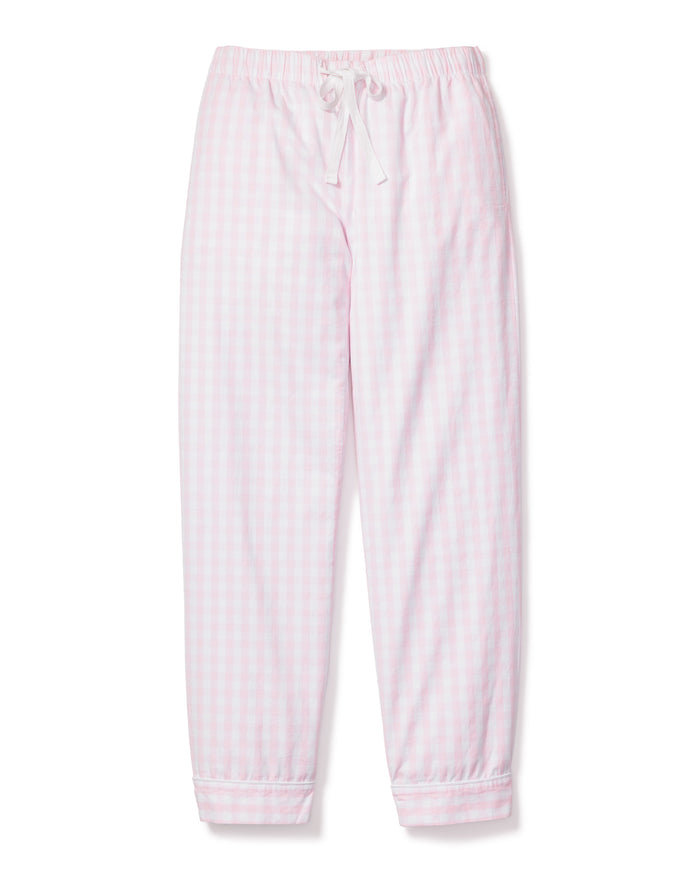 Petite Plumes Womens Pink Gingham Twill Pants, crafted from 100% cotton with an elastic waistband and drawstring, are shown on a white background. Ideal for bedtime comfort.
