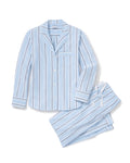 Women’s Twill Pajama Set in Coastal Stripe: A light blue pajama set with long sleeves and pants, showcasing white and navy vertical stripes. The top features a notched collar, front buttons, and a chest pocket, while the pants are finished with a white drawstring.